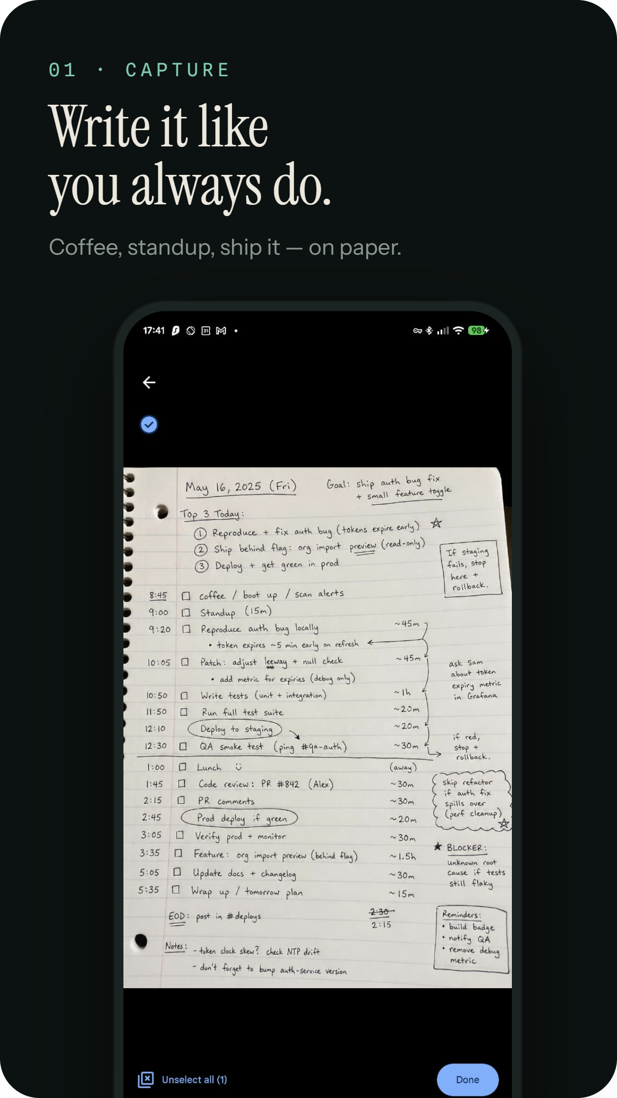 Ink2Cal capture screen with photo, voice and text choices