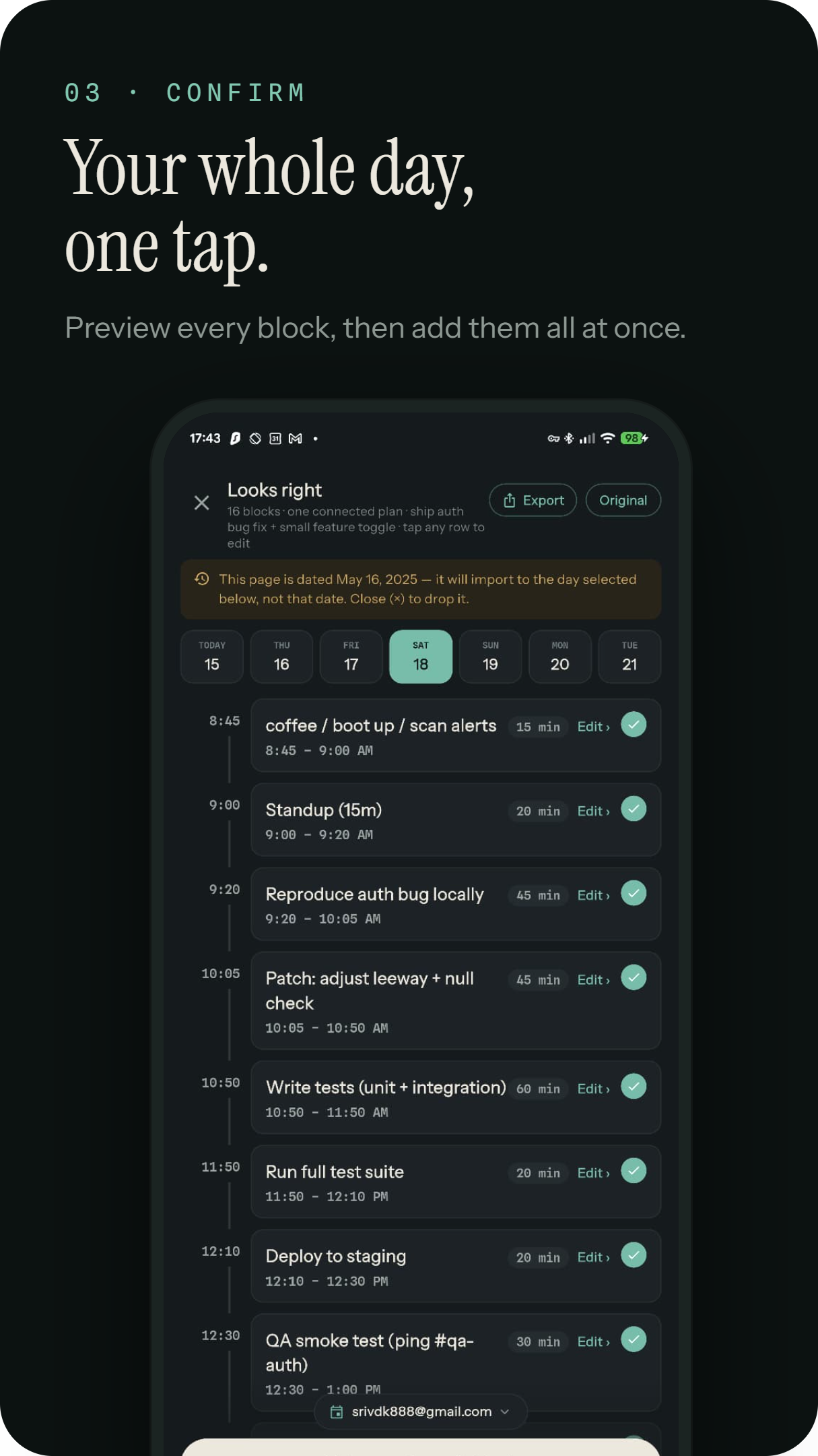 Ink2Cal review screen showing detected calendar events
